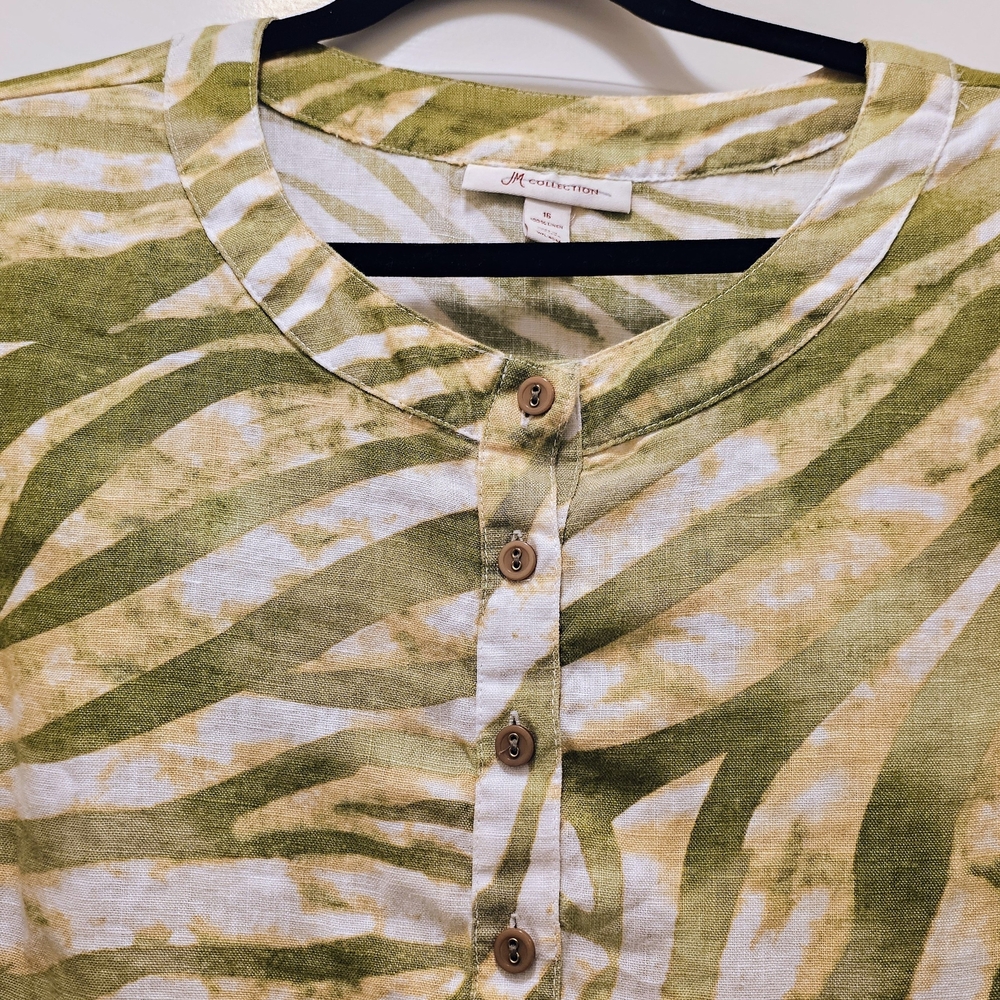 Green Linen Zebra Print Tunic Top Size 16 Coastal Lightweight Boho - Picture 4 of 8